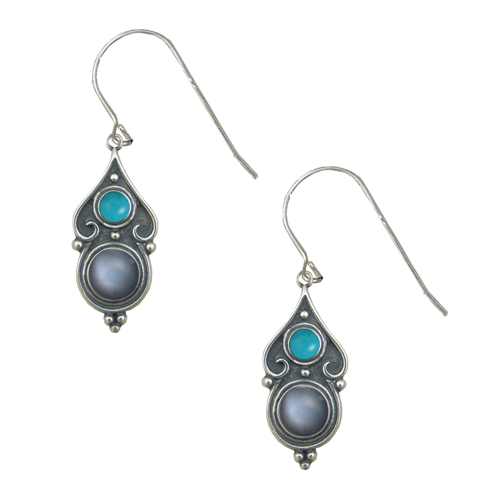 Sterling Silver Designer Post Stud Earrings With Grey Moonstone And Turquoise